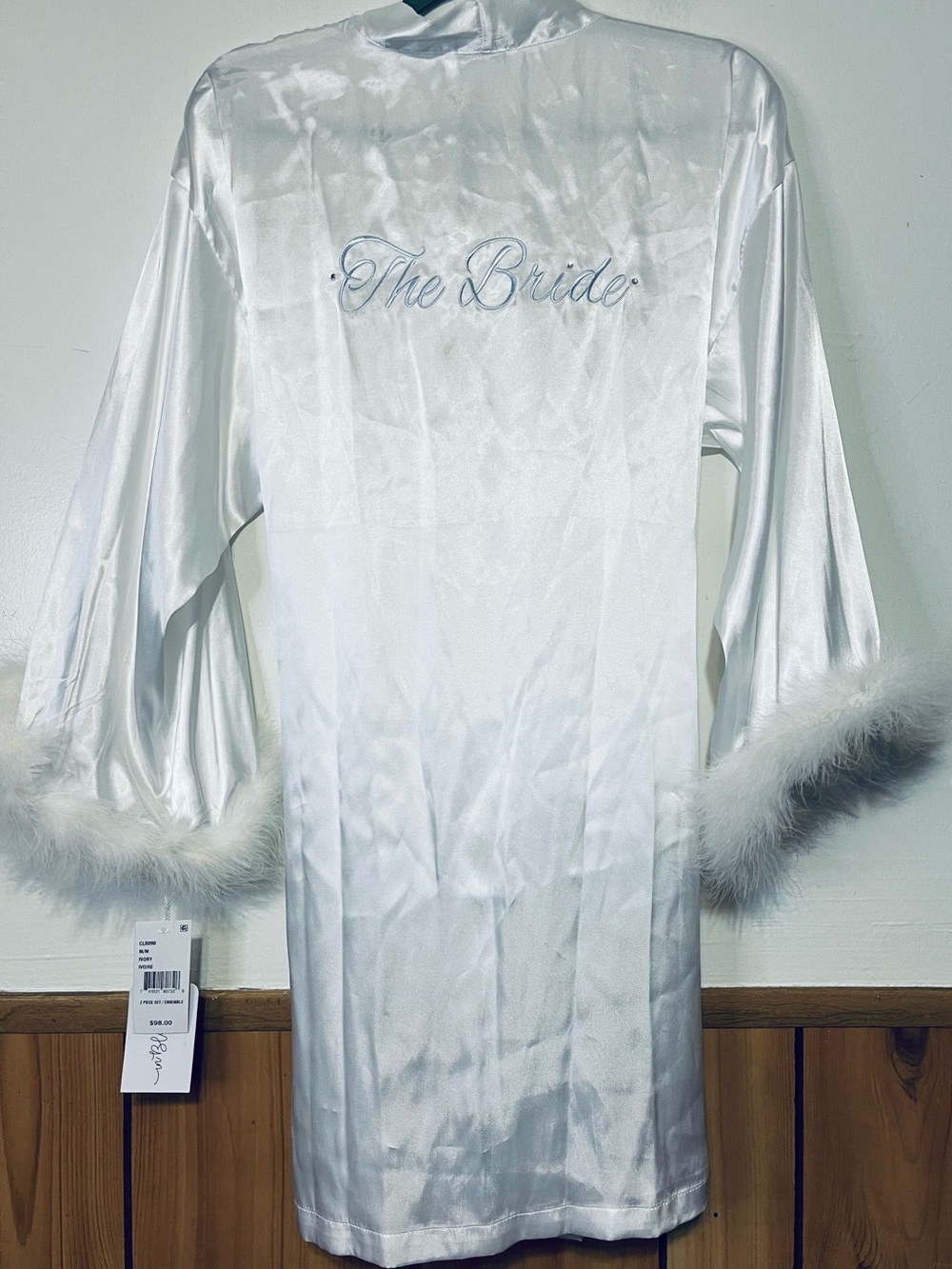 Women's Satin Tie-Front Robe with Marabou Cuffs - White - Picture 2 of 4